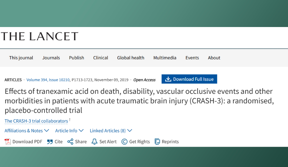Effects of tranexamic acid on death, disability, vascular occlusive events and other morbidities in patients with acute traumatic brain injury (CRASH3): a randomised, placebo-controlled trial.